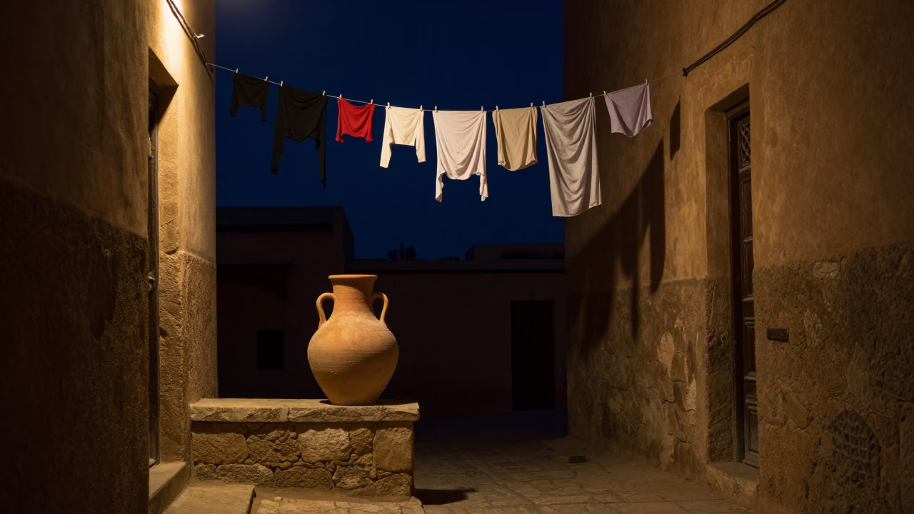 Fez Morocco Night Scene Clay Pot and Clothesline Under Deep Sky in in Fez, Morocco