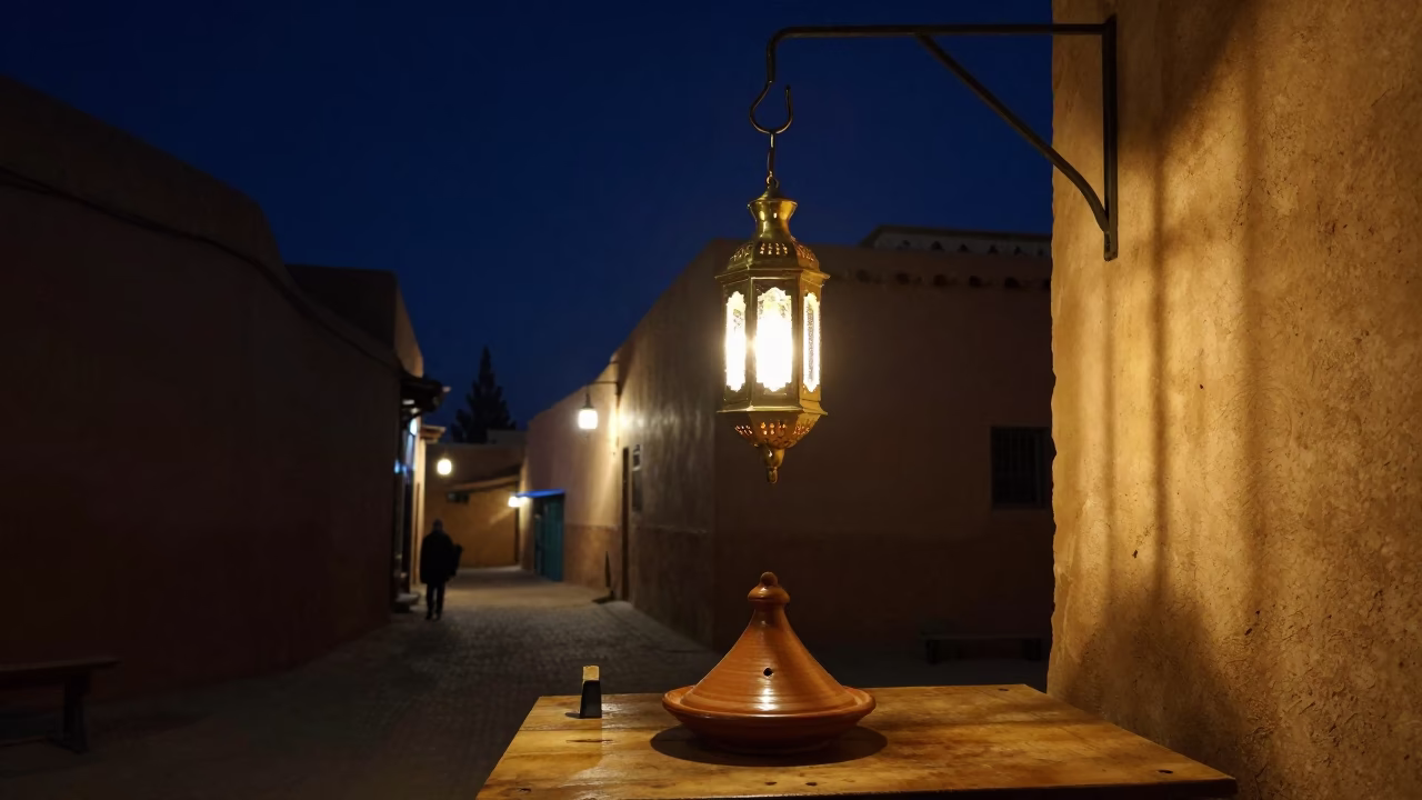 Fez Morocco Night Street Scene with Brass Lanterns and Traditional Tea Service in in Fez, Morocco