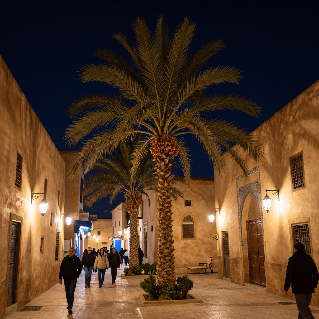 Fez Morocco Night Street Scene with Date Palm and Lanterns Under Deep Sky in in Fez, Morocco