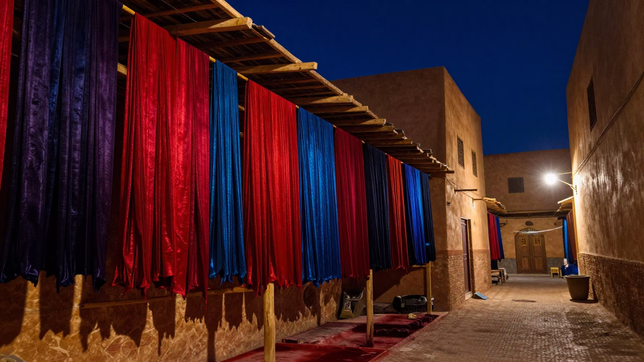 Fez Morocco Night Street Scene with Hanging Silk Dyeing Workshop and Mesh Colander in in Fez, Morocco