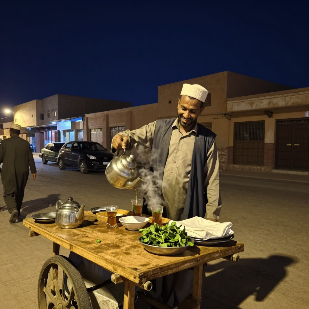 Fez Morocco Night Street Scene with Local Vendor and Traditional Tea Service in in Fez, Morocco