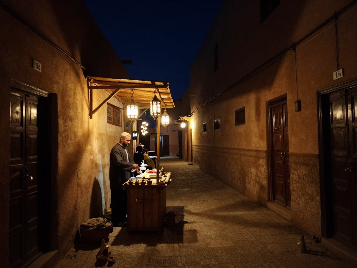 Fez Morocco Night Street Scene with Tea Canister and Traditional Architecture in in Fez, Morocco