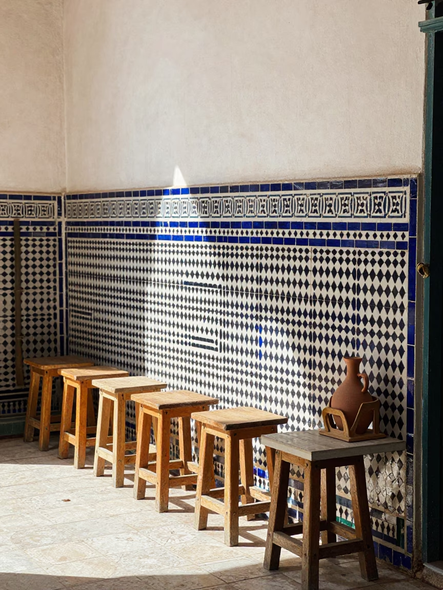Fez Morocco Noon Light on Traditional Zellige Tile Workshop Interior in in Fez, Morocco