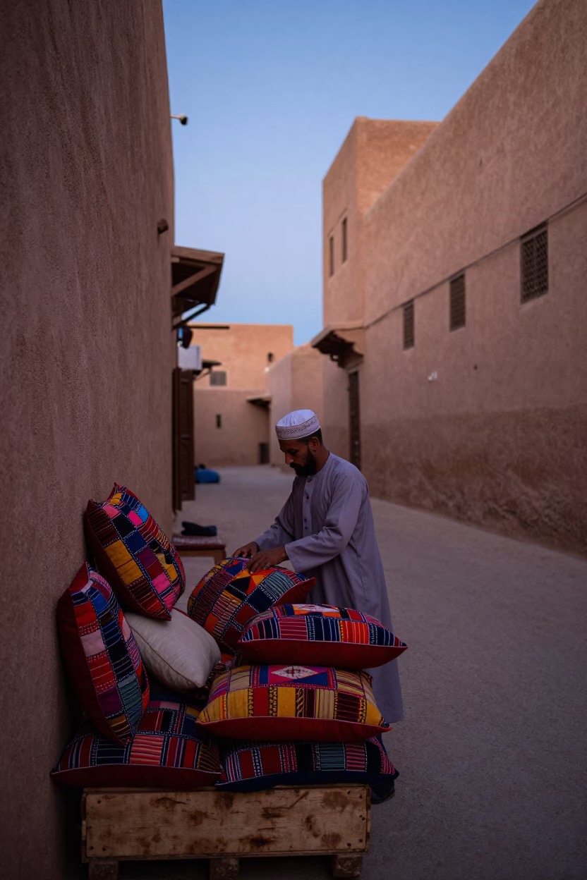 Fez Morocco Pre-Dawn Street Scene with Colorful Patchwork Pillows and Traditional Architecture in in Fez, Morocco