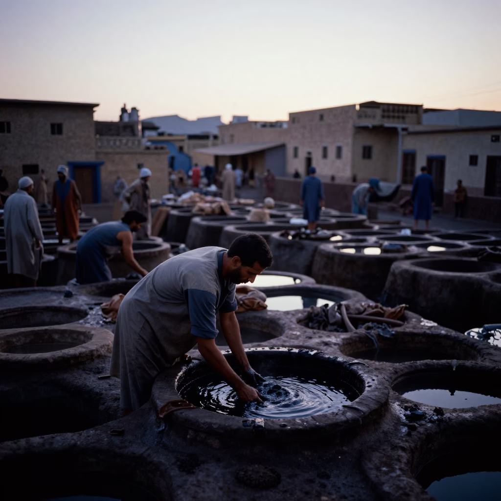 Fez Morocco Pre-Dawn Street Scene with Leather Tannery Workers and Teacups in in Fez, Morocco