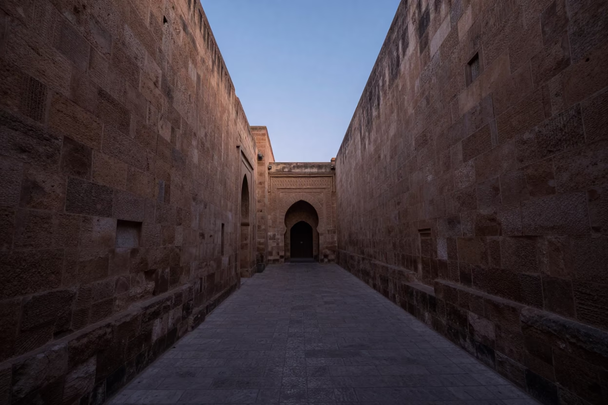 Fez Morocco Pre-Dawn University Cloister Walkway Between Old Stone Buildings in in Fez, Morocco