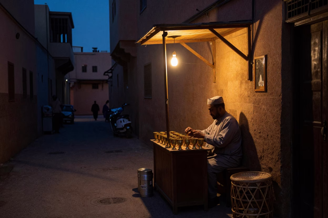 Fez Morocco Predawn Street Scene with Tiffin Tin and Rattan Stool in in Fez, Morocco