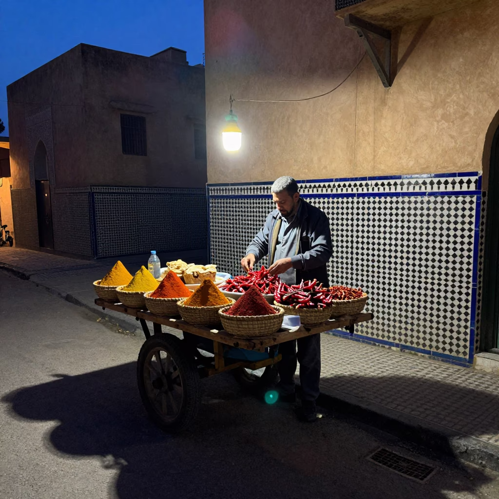 Fez Morocco predawn street vendor preparing spices near zellige tiles in in Fez, Morocco