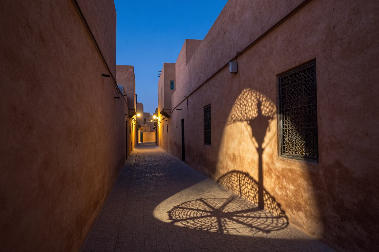 Fez Morocco Street Scene at Dusk with Wicker Shadow and Stoneware Details in in Fez, Morocco