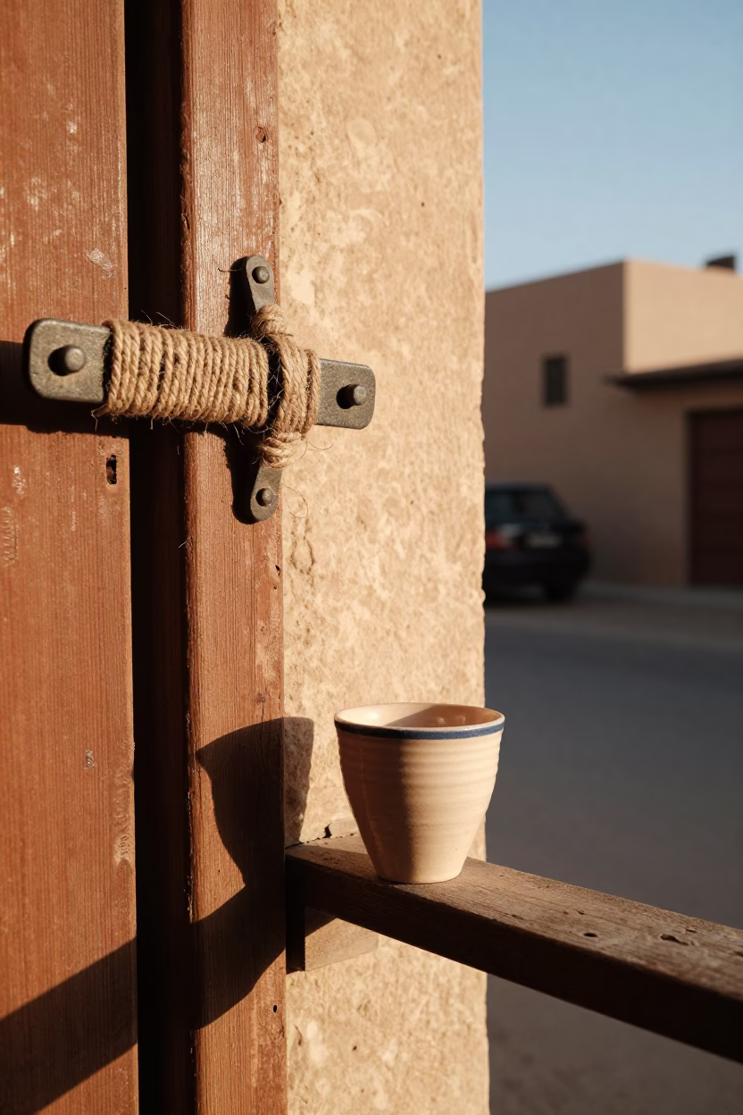 Fez Morocco Street Scene Late Afternoon Light Ceramic Cup on Wooden Latch in in Fez, Morocco