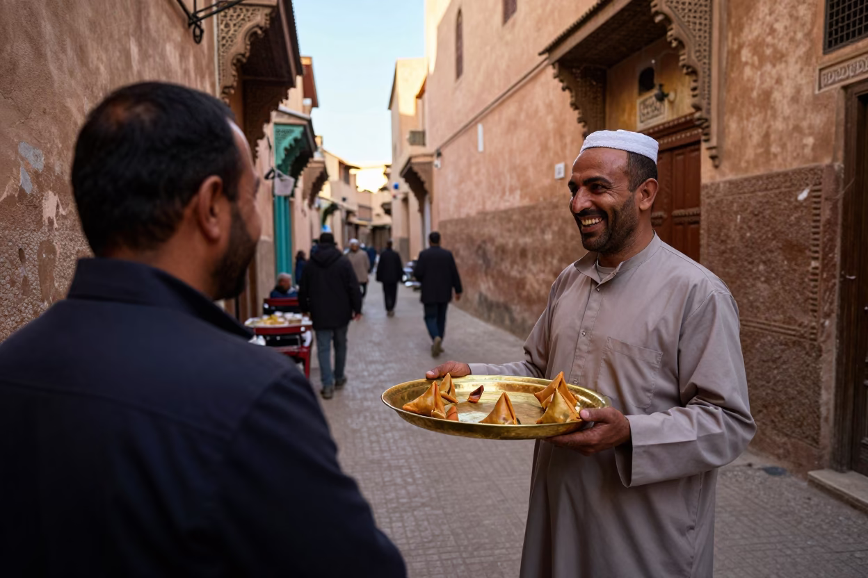 Fez Morocco street scene with brass samosa tray and bustling souk atmosphere in in Fez, Morocco