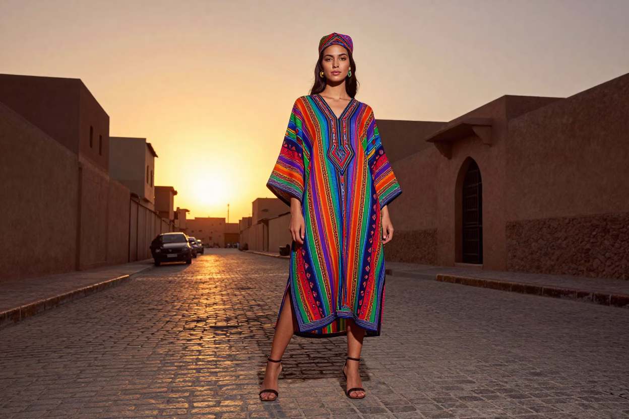 Fez Morocco Sunset High Fashion Street Style Model in Colorful Traditional Attire in in Fez, Morocco