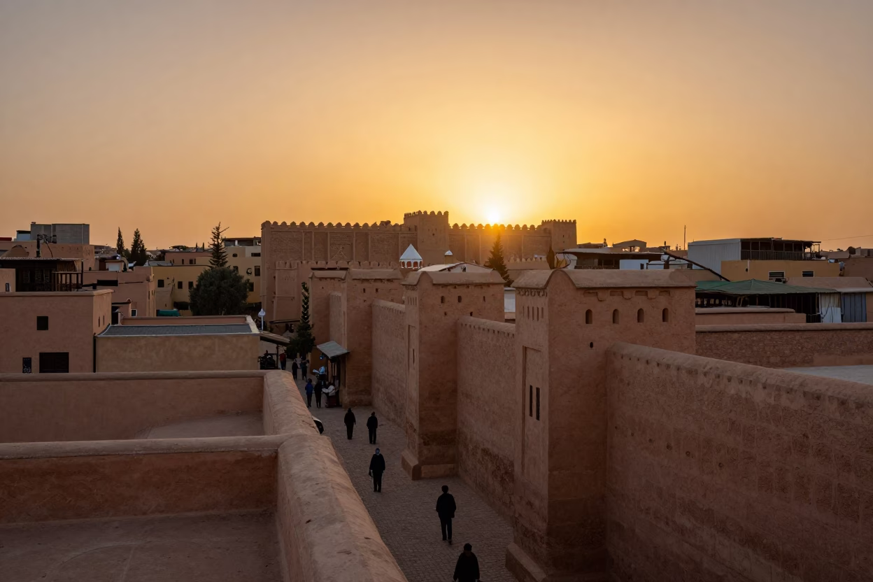 Fez Morocco Sunset Panorama of Ancient Medina Walls and Traditional Marketplace Activity in in Fez, Morocco