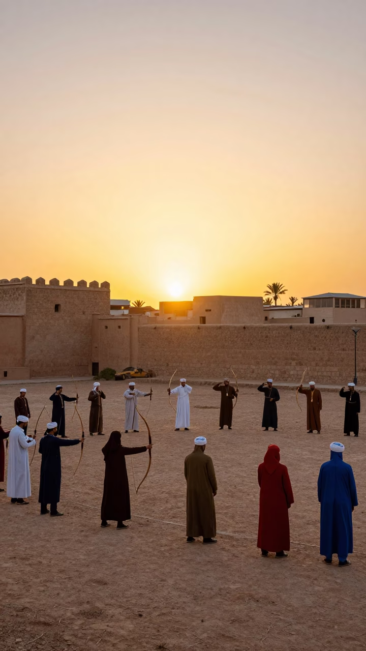 Fez Morocco Sunset Street Scene Traditional Archery Contest Amidst Old City Walls in in Fez, Morocco