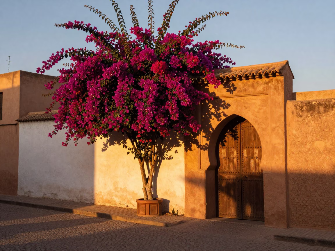 Fez Morocco Sunset Street Scene with Bougainvillea and Traditional Gate in in Fez, Morocco
