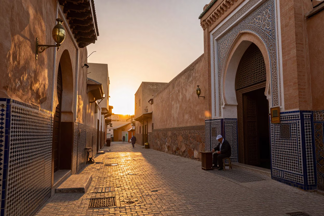 Fez Morocco Sunset Street Scene with Brass Details and Traditional Craftsmanship in in Fez, Morocco