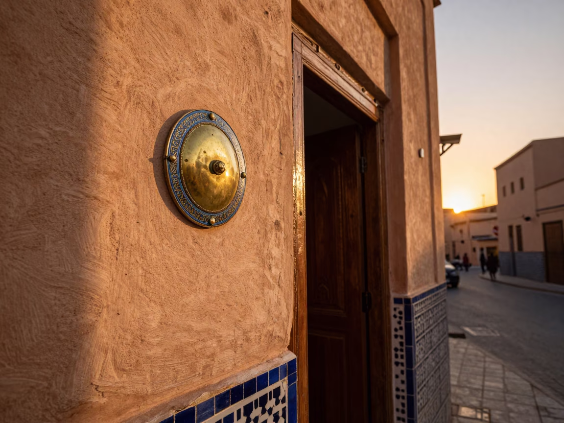 Fez Morocco Sunset Street Scene with Brass Escutcheon and Enamel Pitcher in in Fez, Morocco