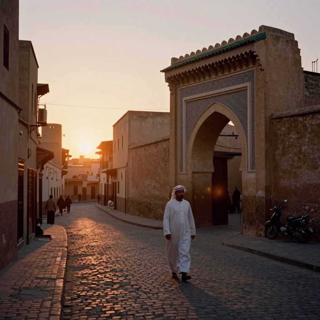 Fez Morocco Sunset Street Scene with Traditional Architecture and Daily Life in in Fez, Morocco