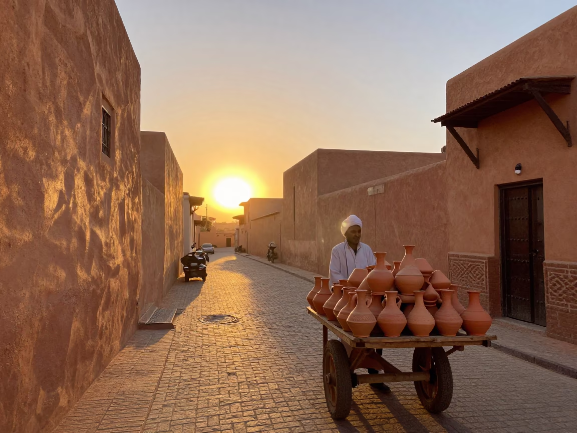 Fez Morocco Sunset Street Scene with Traditional Pottery and Warm Light in in Fez, Morocco