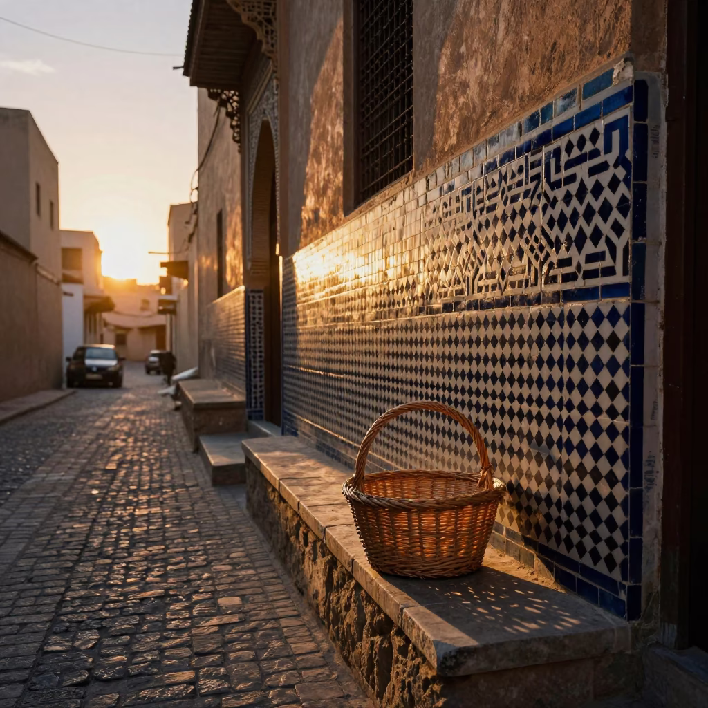 Fez Morocco Sunset Street Scene with Traditional Tile and Wicker Shadows in in Fez, Morocco