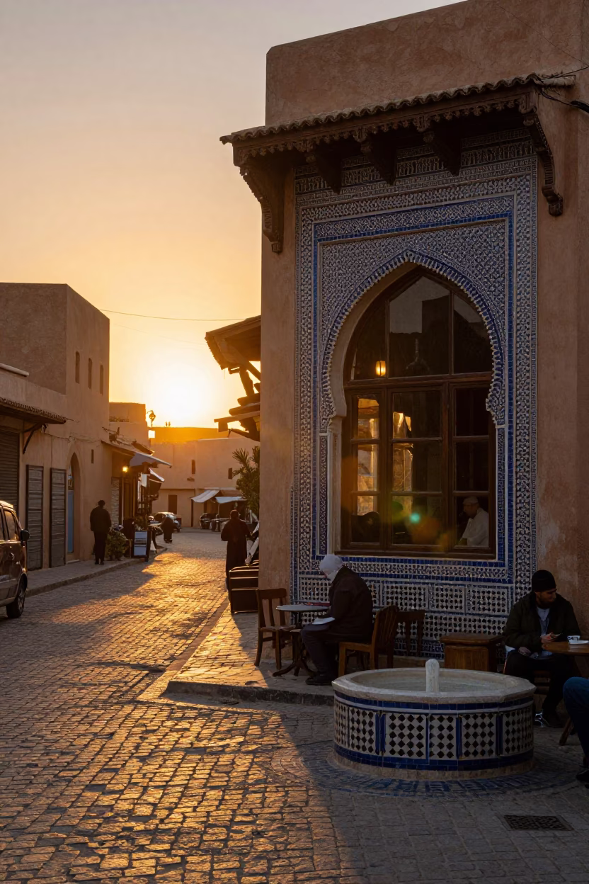 Fez Morocco Sunset Street Scene with Writer Cafe Window and Water Basin in in Fez, Morocco