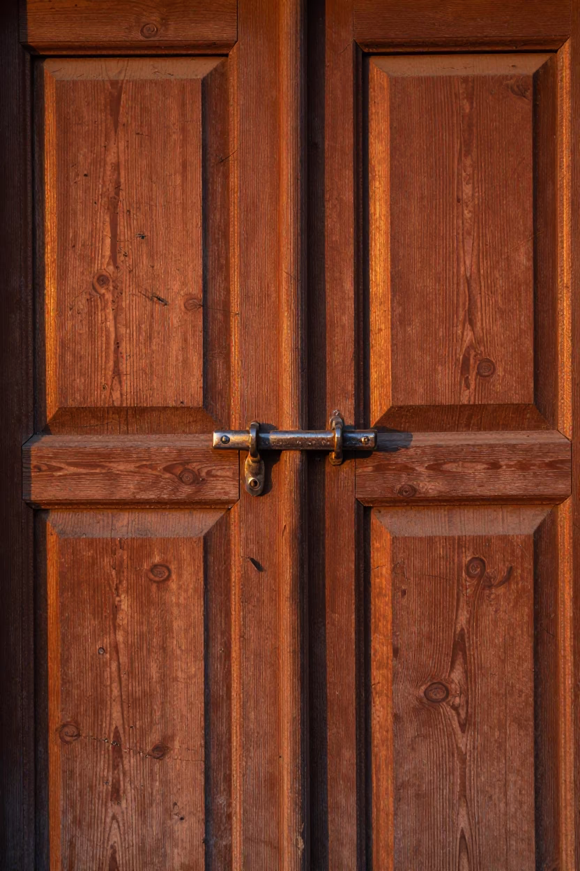 Fez Morocco Sunset Traditional Wooden Door with Scratched Latch and Brushed Steel Details in in Fez, Morocco