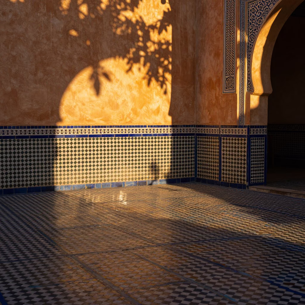 Fez Morocco Sunset Zellige Tile Courtyard with Leaf Shadows and Traditional Architecture in in Fez, Morocco