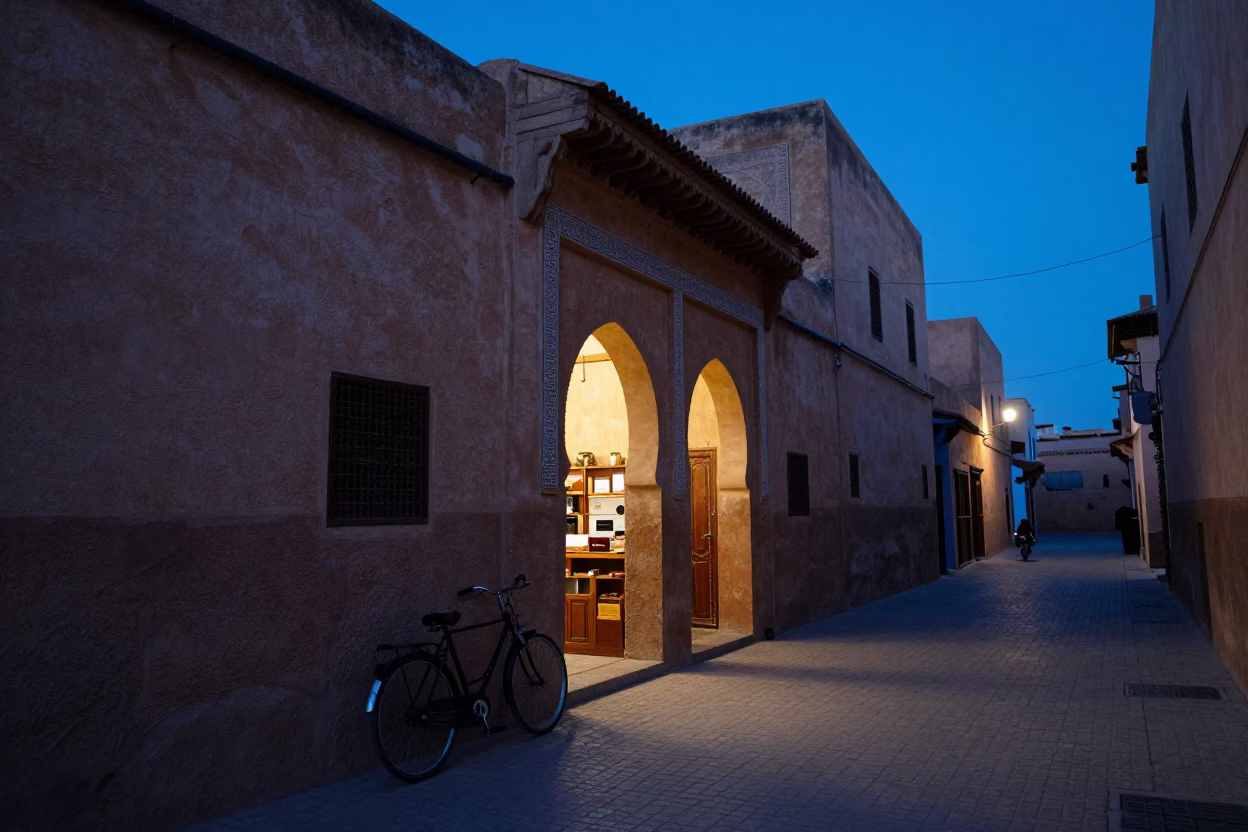 Fez Morocco Twilight Street Scene with Bicycle and Traditional Architecture in in Fez, Morocco