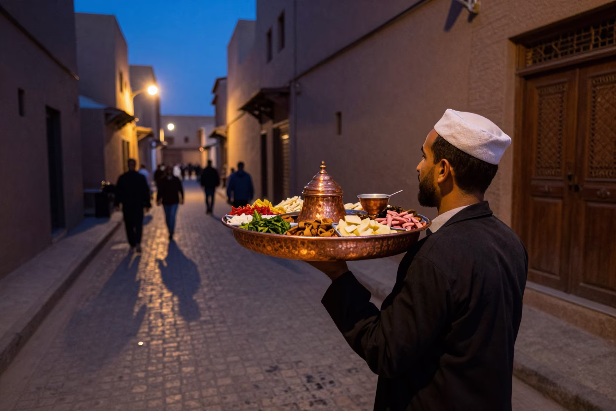Fez Morocco Twilight Street Scene with Copper Mezze Tray and Local Interaction in in Fez, Morocco