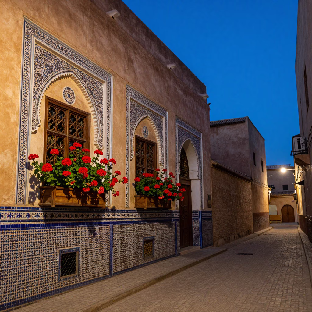 Fez Morocco Twilight Street Scene with Geraniums and Traditional Architecture in in Fez, Morocco