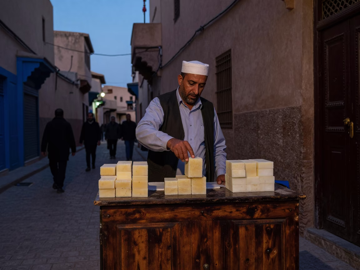 Fez Morocco Twilight Street Scene with Soap Vendor and Traditional Clay Pottery in in Fez, Morocco