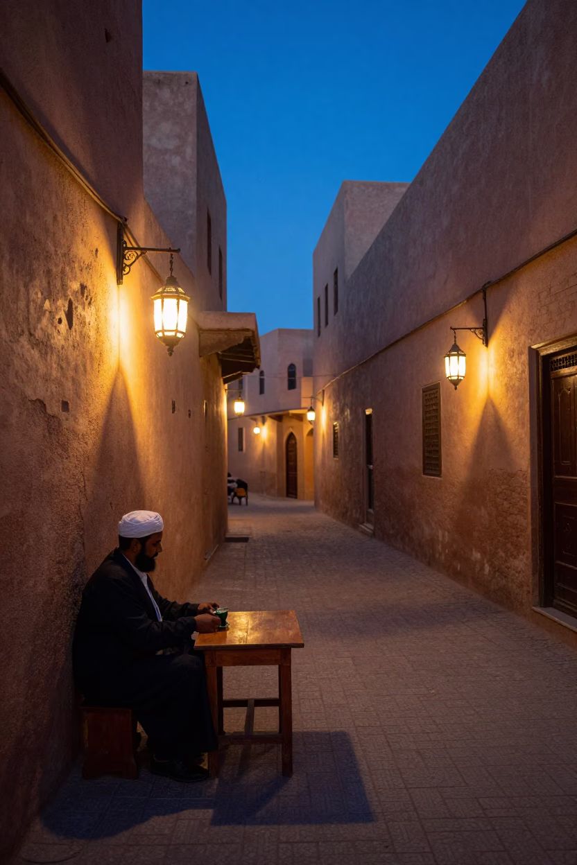 Fez Morocco Twilight Street Scene with Traditional Mint Tea and Local Commerce in in Fez, Morocco