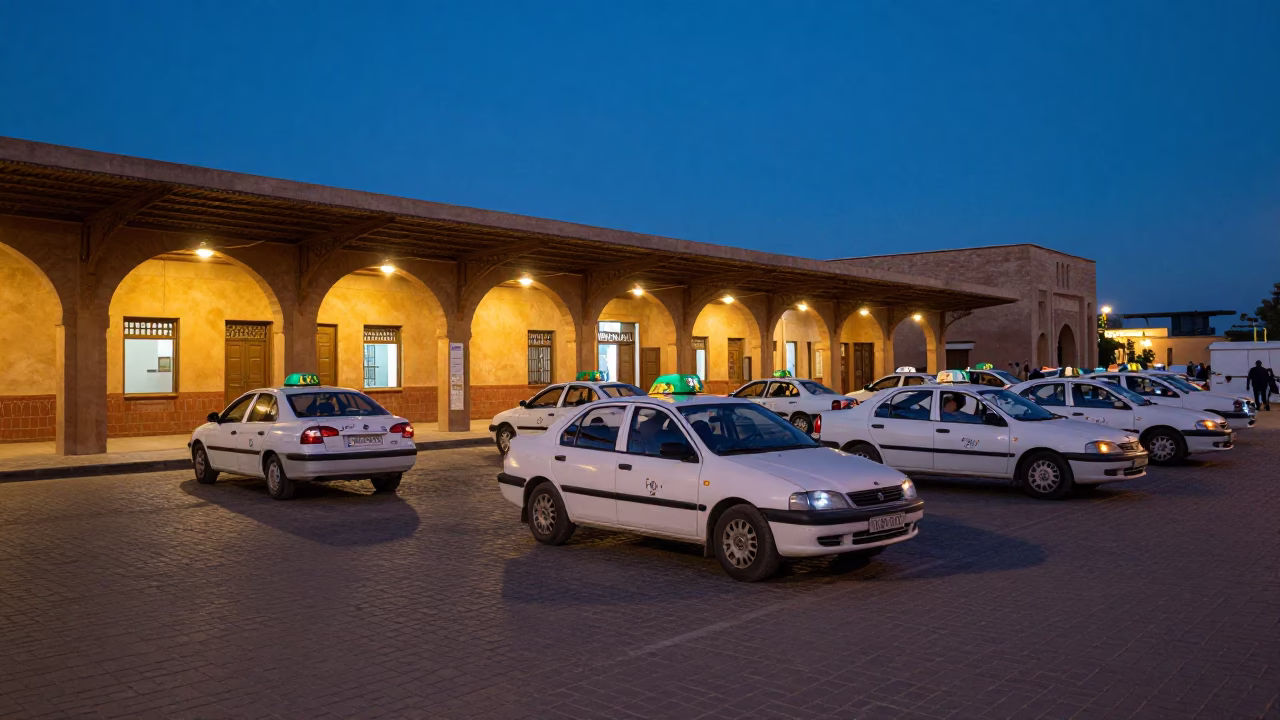 Fez Morocco Twilight Taxi Rank Outside Train Station with Blue and White Porcelain Jar in in Fez, Morocco