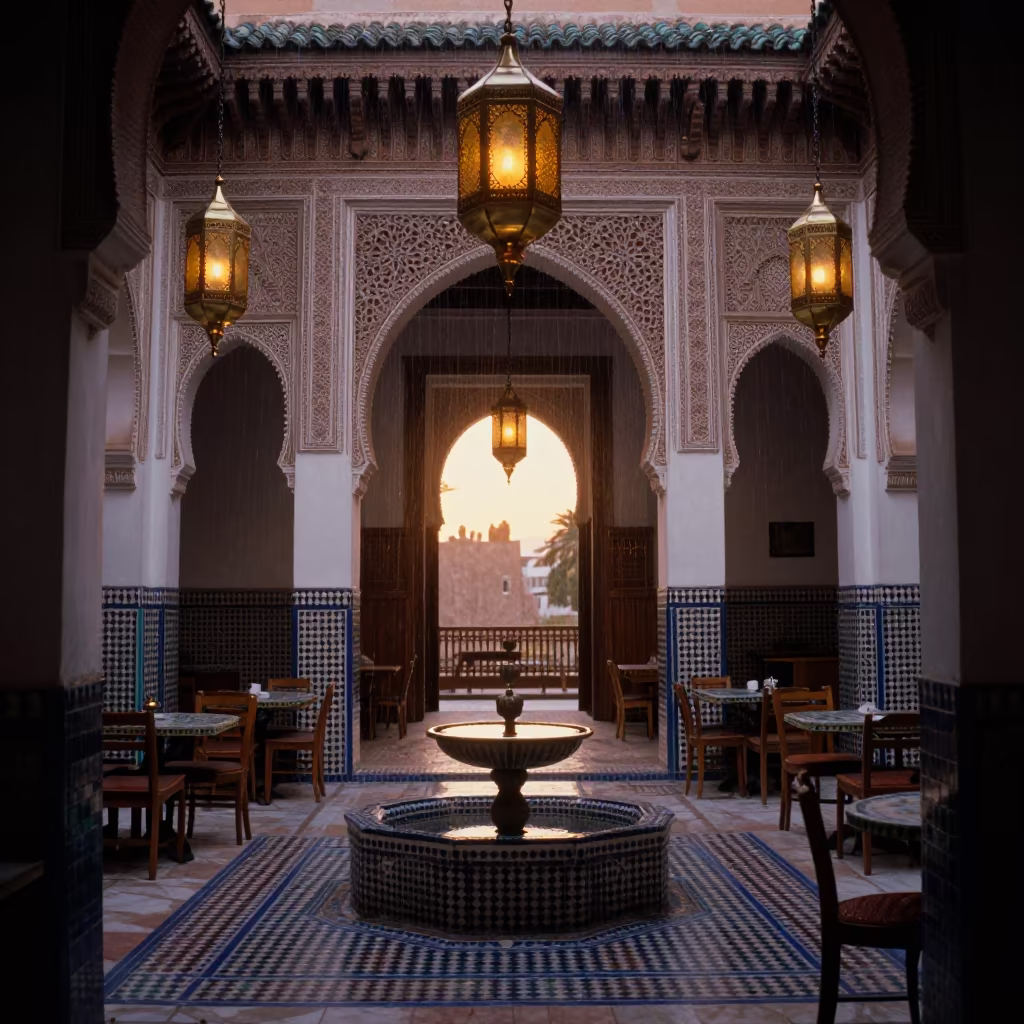 Fez Riad Lantern Gallery Over Tile Fountain in under a shaded inner courtyard arcade in Fez