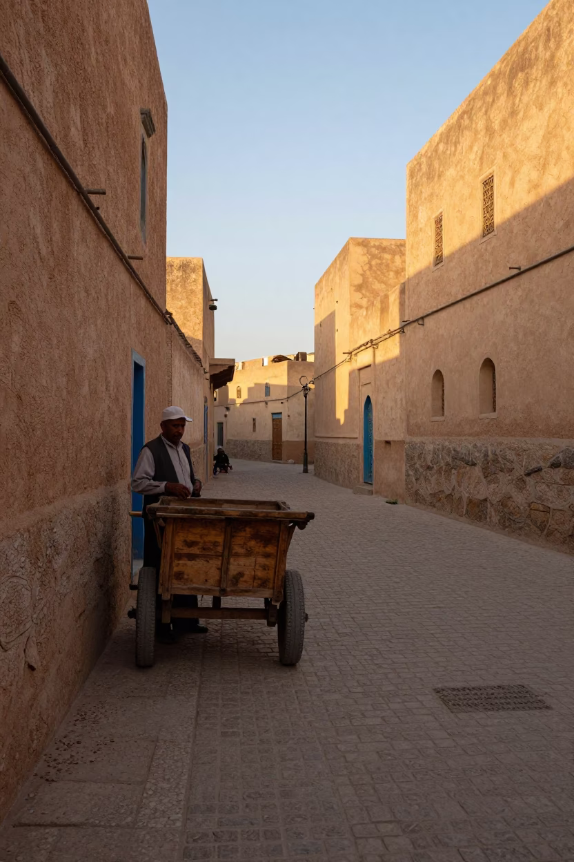 Fez Street Scene at Honeyed Evening Light in in Fez, Morocco