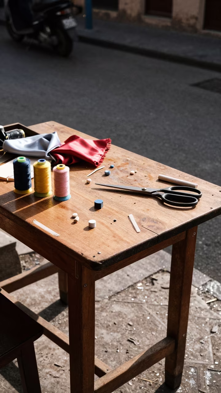 Fez Tailoring Station with Thread Cones and Silk in at a tailoring table strewn with chalk and shears in Fez