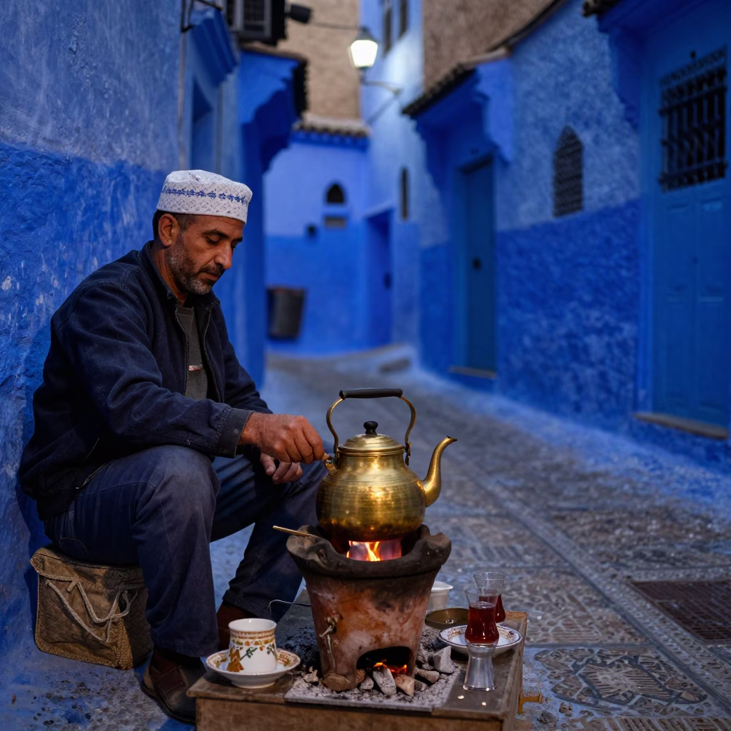 Fez Tea Preparation at The Last Blue Light Of Evening in in Fez, Morocco
