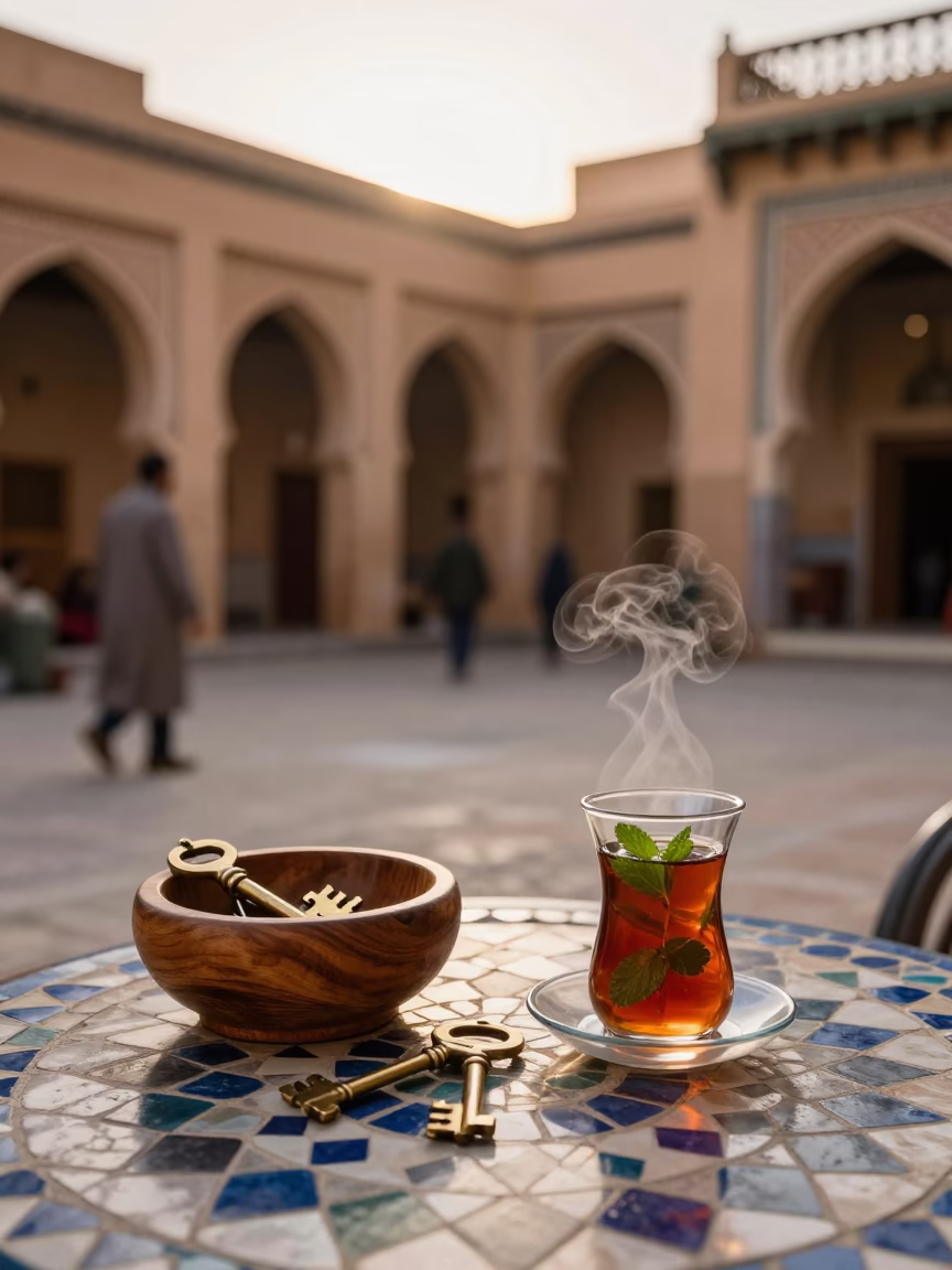 Fez Tea Service at Honeyed Evening Light in in Fez, Morocco