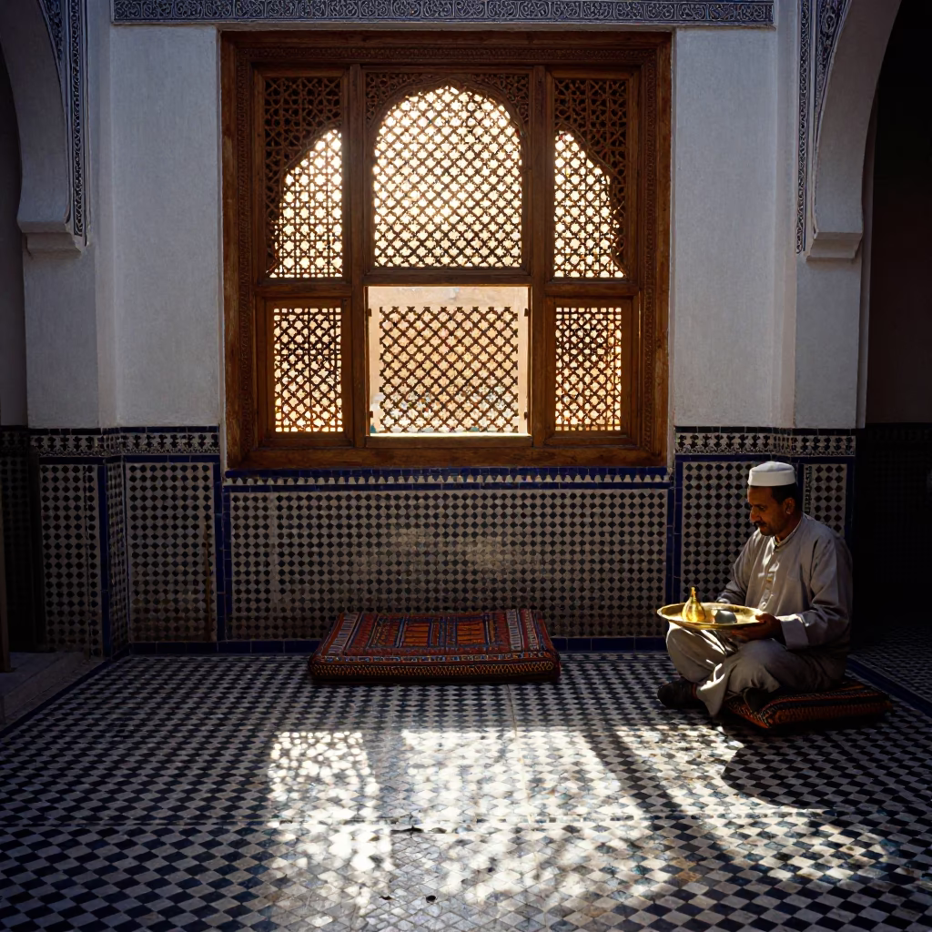Fez Traditional Courtyard at As First Light Reaches The Scene in in Fez, Morocco
