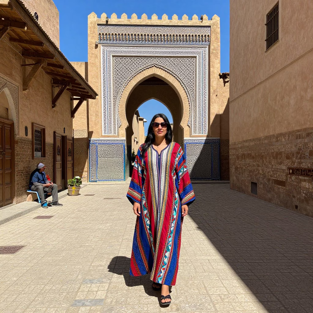Fez Woman Midday Street Scene at Midday Light in in Fez, Morocco