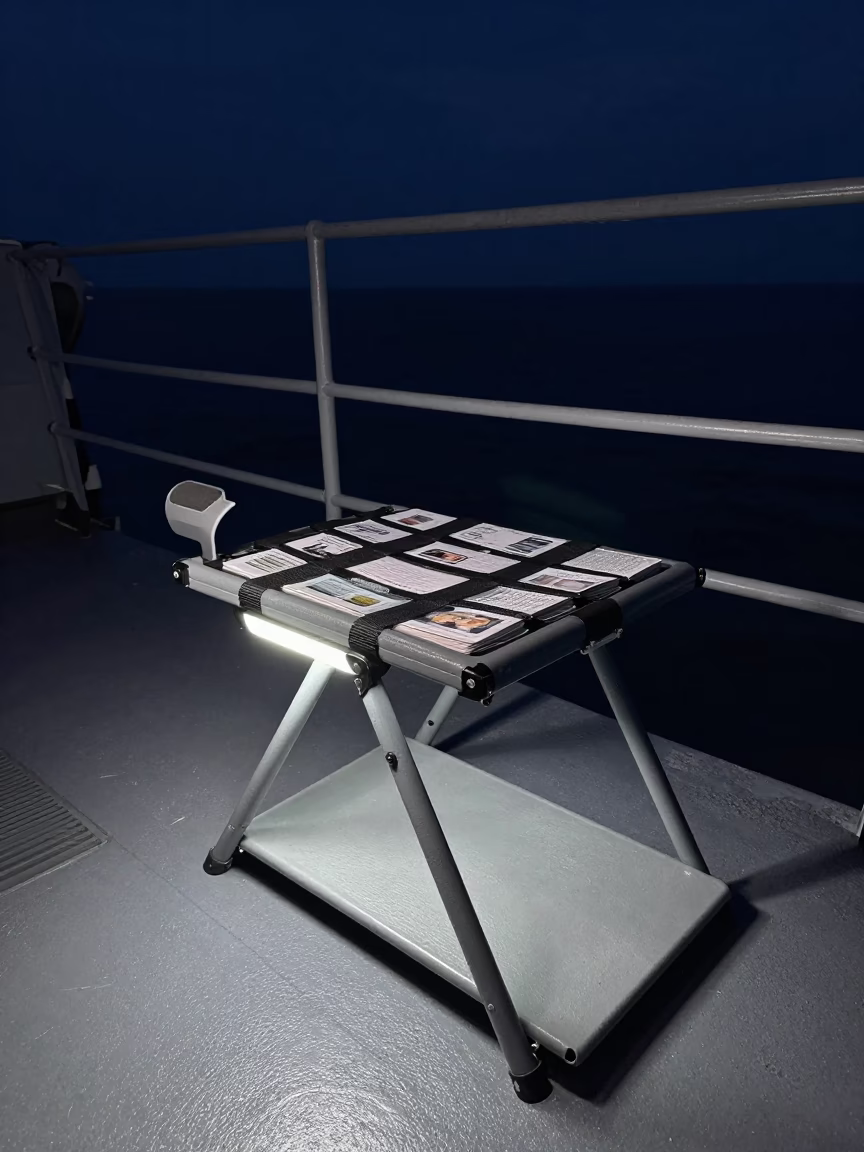 Field Chapel Stool Cart on Naval Deck at Night in on a naval deck in rough wind near Campo Grande