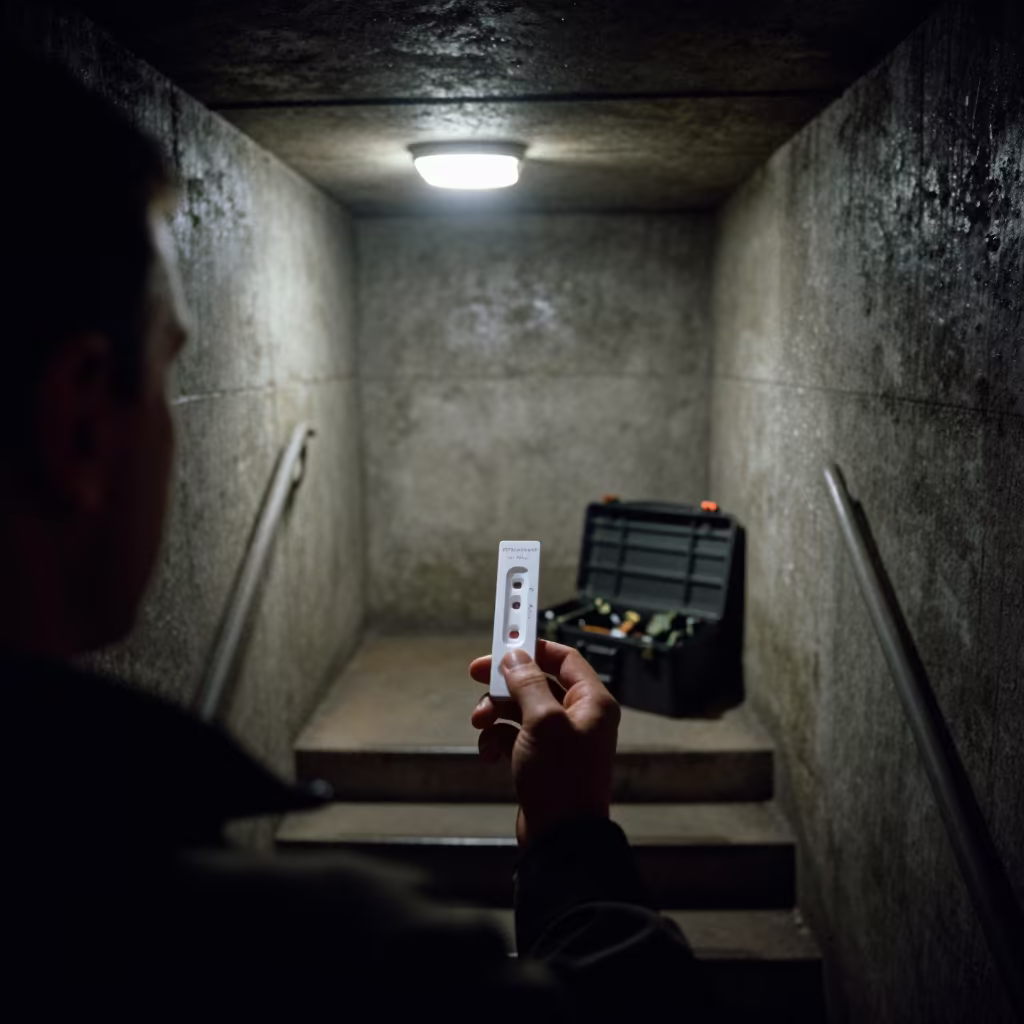 Field Chlorine Test Kit in UK Bunker Night in inside a bunker stairwell in United Kingdom