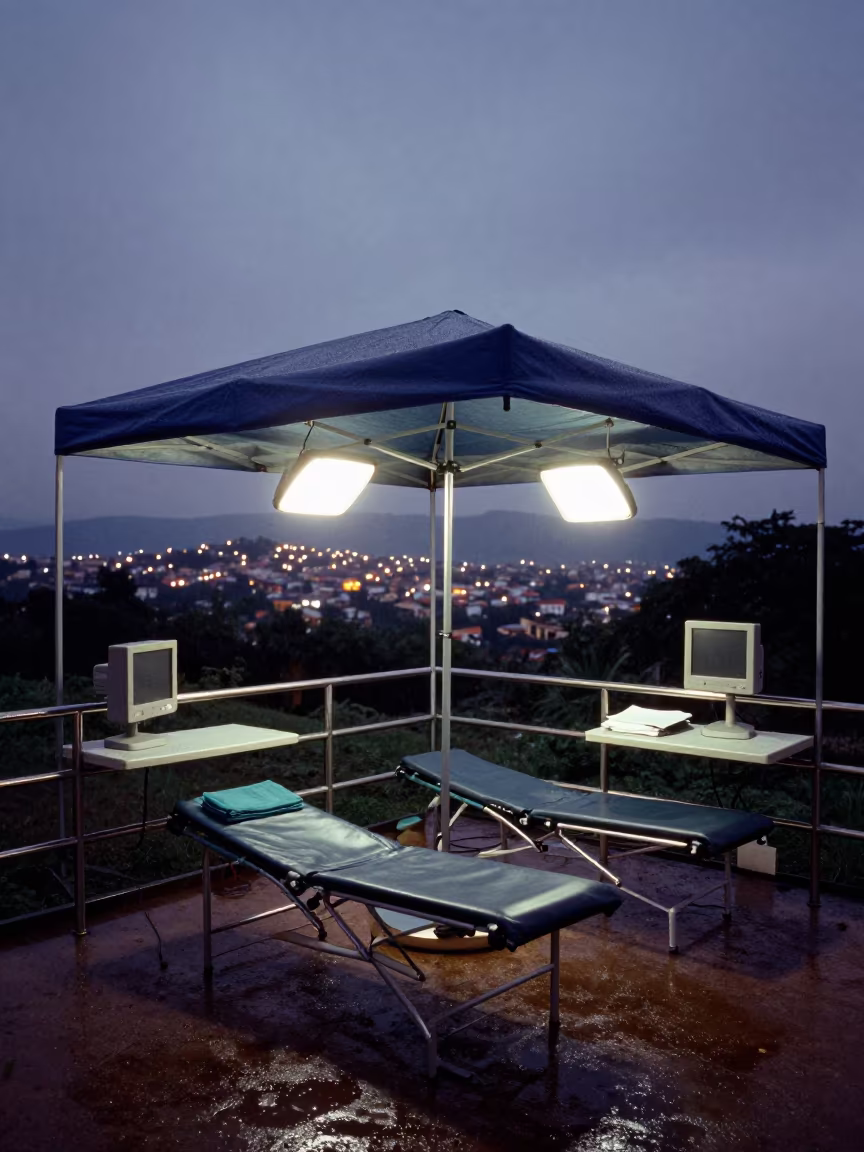 Field Clinic Canopy Under Evening Glow in beneath a field clinic canopy near Barquisimeto