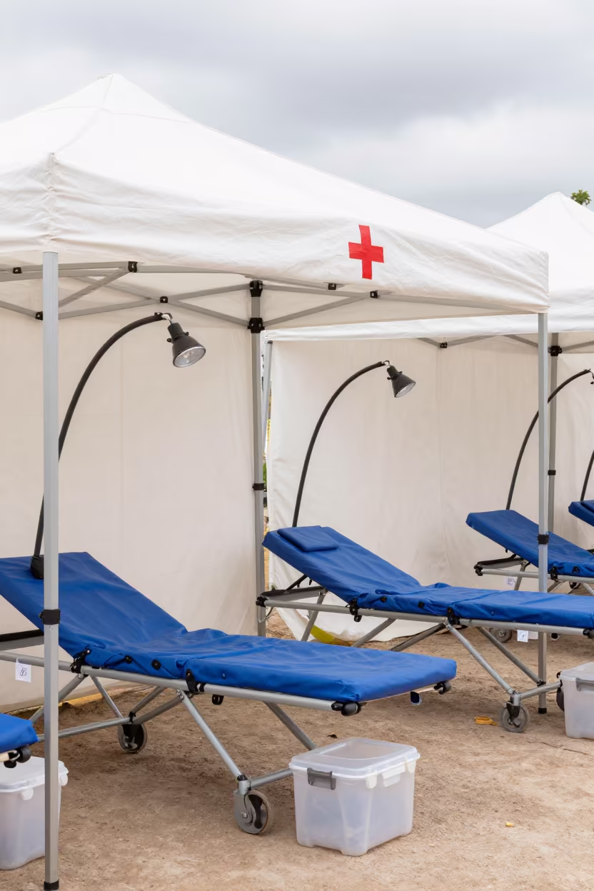 Field Clinic Canopy Under Bright Overcast Sky in beneath a field clinic canopy in Gómez Palacio