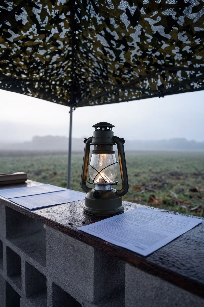 Field Desk Lantern Shelf Before Dawn in beneath a camouflage net shelter in Brittany