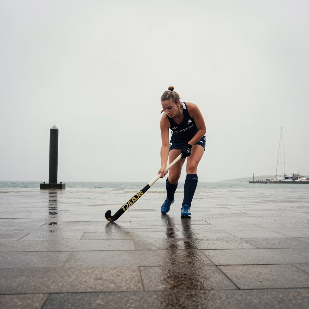 Field Hockey Reverse Flick on Freetown Quay in Rain in at a harbor quay near Freetown
