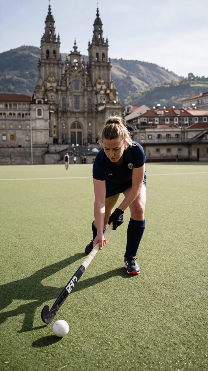 Field Hockey Striker Winding Up on Wet Turf in at a roadside stop near Santiago de Compostela