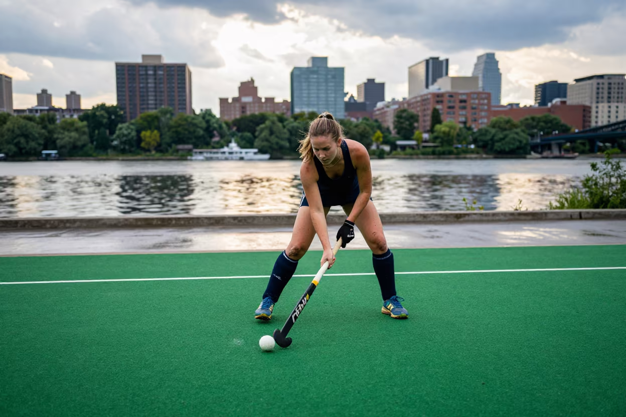 Field Hockey Striker Windup on Wet Riverbank Turf in by a riverbank near Bushwick, New York