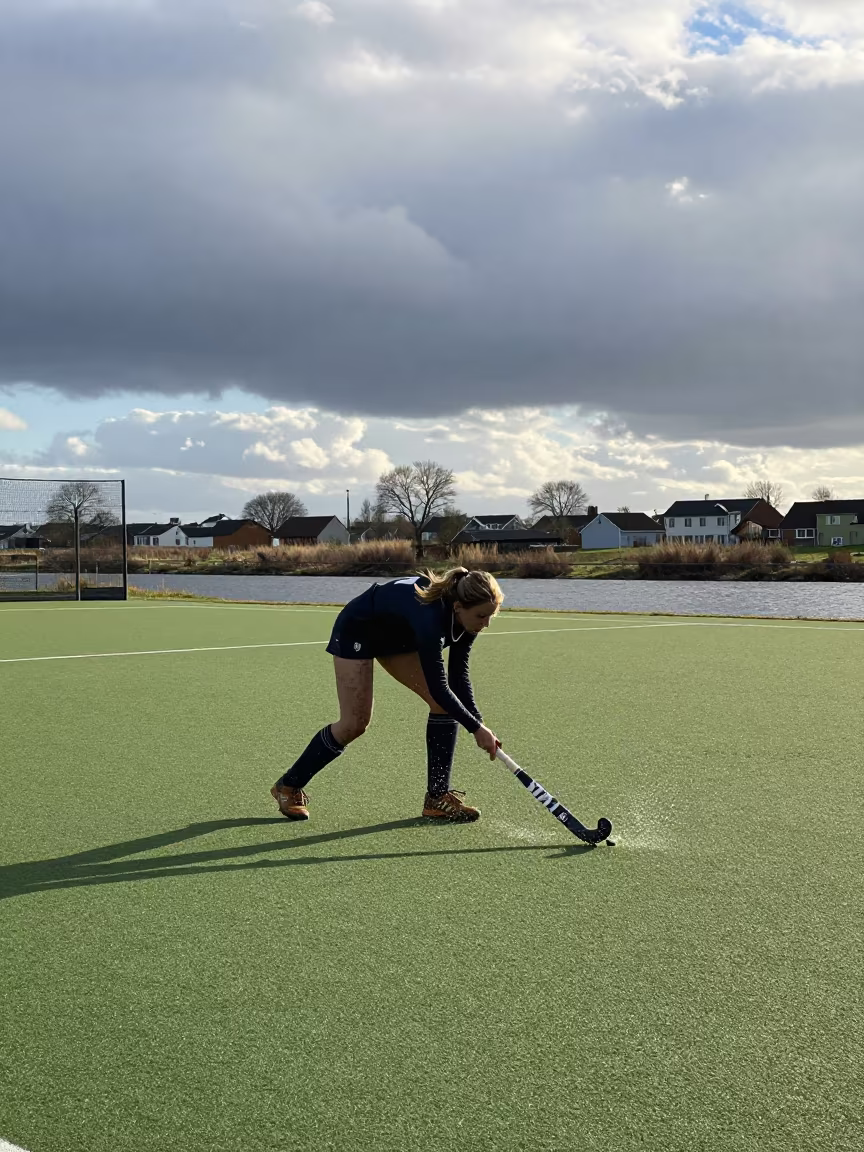 Field Hockey Striker Windup Wet Turf Belas in by a riverbank near Belas