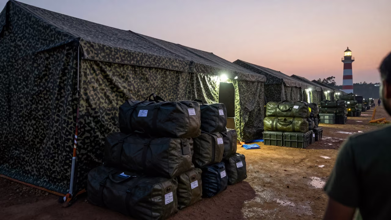 Field Hospital Tent Under Camouflage Net Before Dawn in beneath a camouflage net shelter in Assam